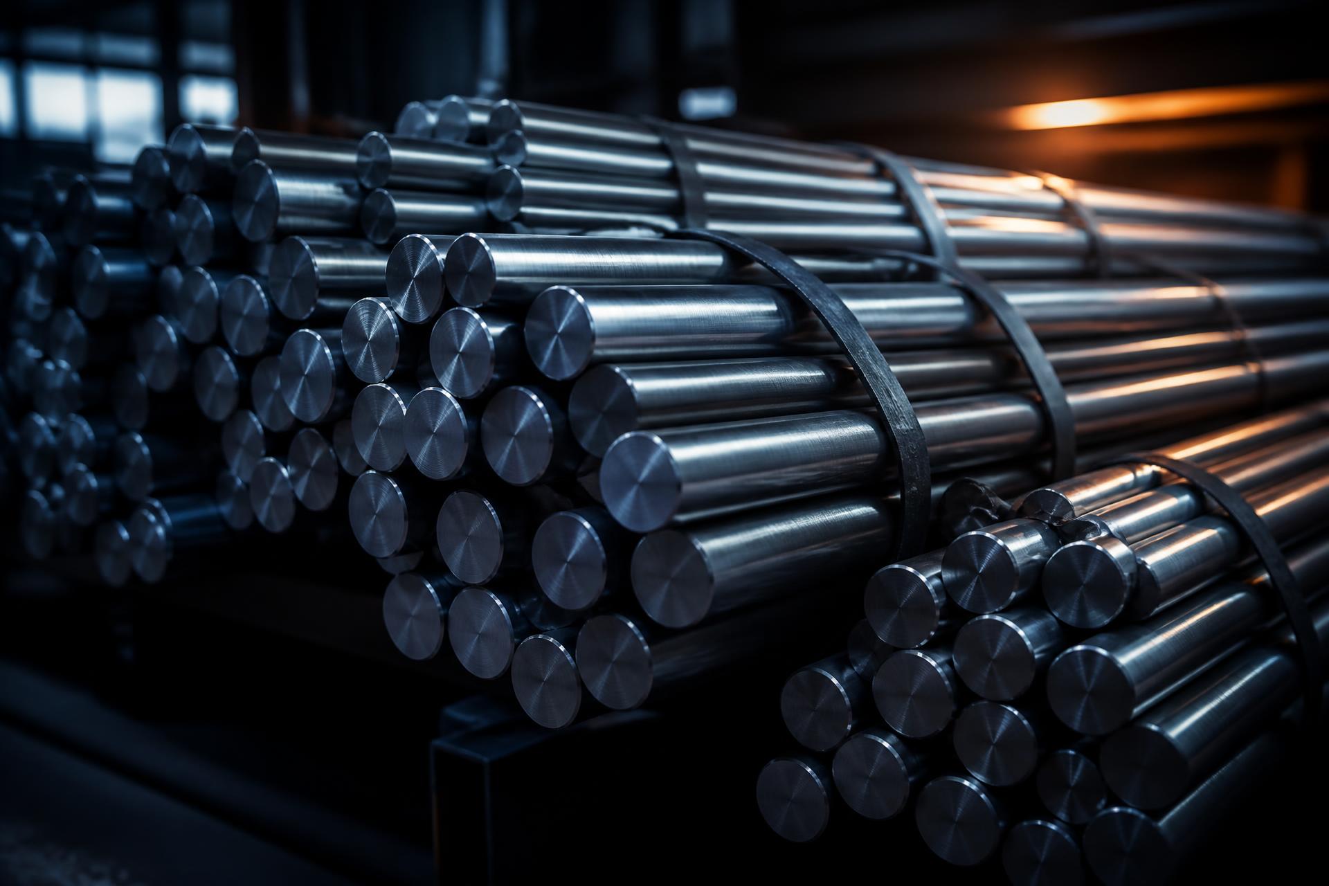Bundles of specialty alloy bar stock in a metals warehouse